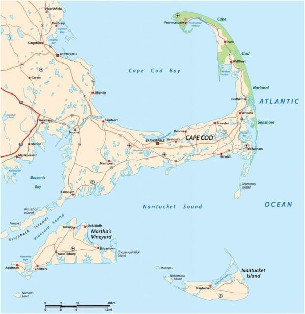 Map of Cape Cod, Nantucket, and Martha's Vineyard service area